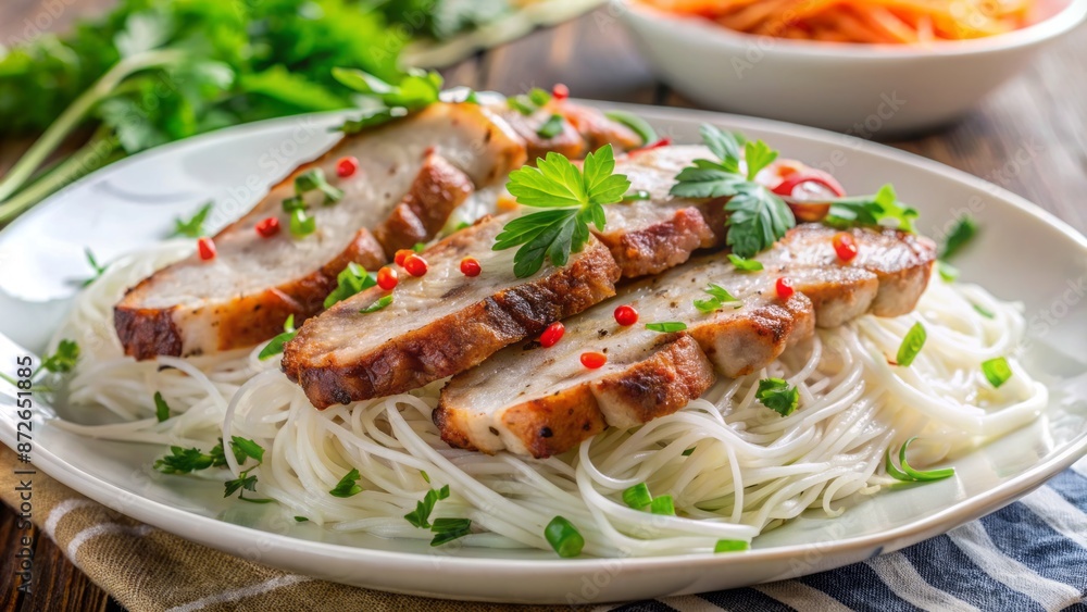 Savory grilled pork slices served with delicate rice noodles and fresh herbs on a plain white plate, appealingly arranged. Savory grilled pork slices served with delicate rice noodles and fresh herbs on a plain white plate, appealingly arranged.