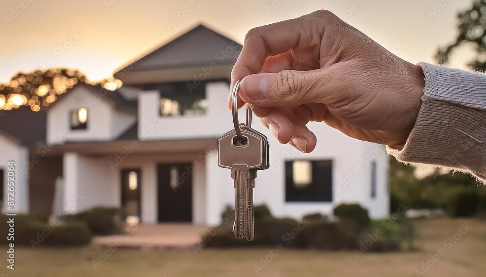 Hand holding house keys with new house blurred background Hand holding house keys with new house blurred background