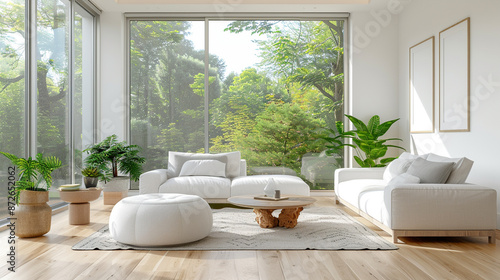 Modern living room with large windows, white furniture, and green plants.