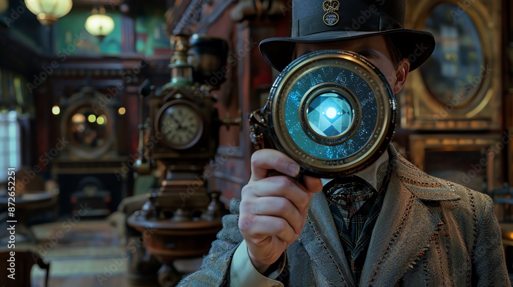 Victorian detective with a holographic lens, classic meets modern mystery, hybrid sleuthing, Victorian detective with a holographic lens, classic meets modern mystery, hybrid sleuthing,