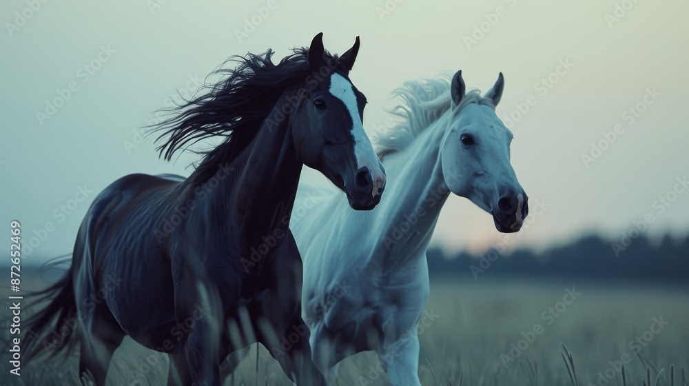 Two elegant horses, one black and one white, joyfully running side by side in a scenic landscape, reflecting unity and the untouched beauty of the wild. Two elegant horses, one black and one white, joyfully running side by side in a scenic landscape, reflecting unity and the untouched beauty of the wild.
