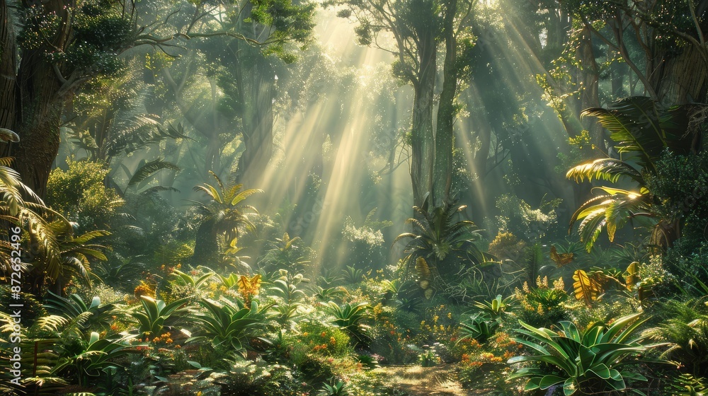 A beautiful fairytale enchanted forest with big trees and great vegetation A beautiful fairytale enchanted forest with big trees and great vegetation