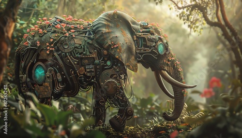 Steampunk elephant in a holographic jungle, oldworld charm meets futuristic tech, whimsical nature, © Sirirat