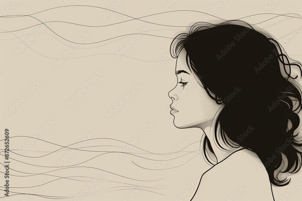Naklejka premium Minimalist line art of a woman in profile symbolizing simplicity elegance and modernity with clean flowing lines and a serene artistic style.
