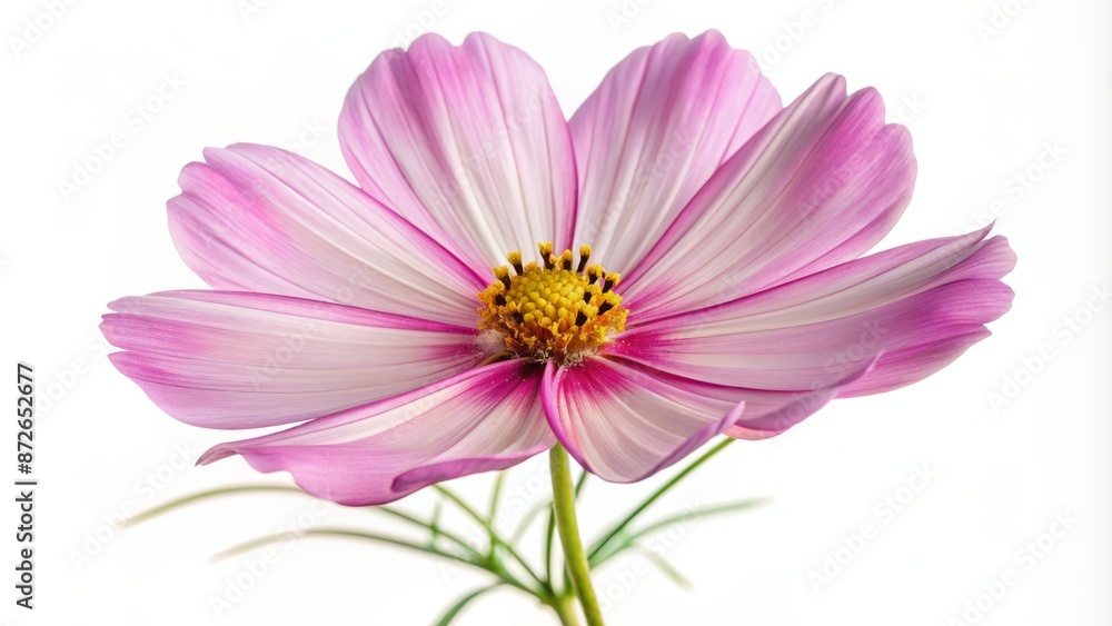 Delicate, feathery pink cosmos flower with intricate details and soft focus, isolated on a pure white, clean background. Delicate, feathery pink cosmos flower with intricate details and soft focus, isolated on a pure white, clean background.