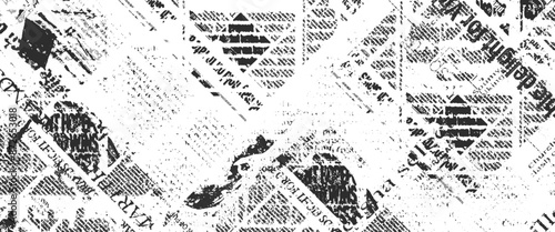 Vector white and black newspaper paper grunge vintage old aged texture with fragments of newspaper text Transparent background.	
