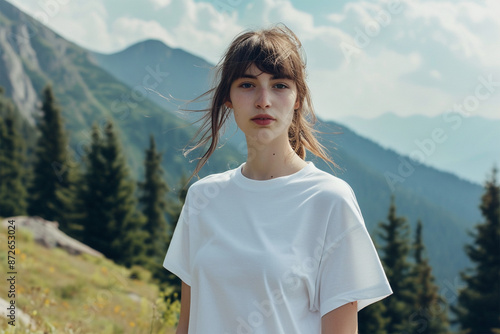 Woman white round neck blank t-shirt mockup with model