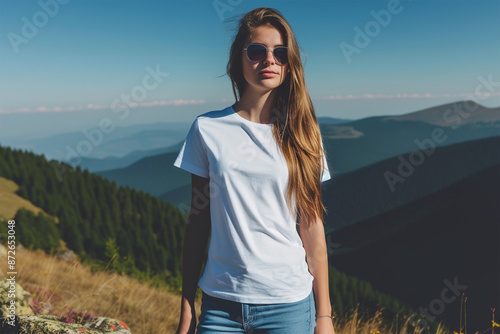 Woman white round neck blank t-shirt mockup with model