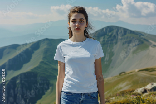 Woman white round neck blank t-shirt mockup with model
