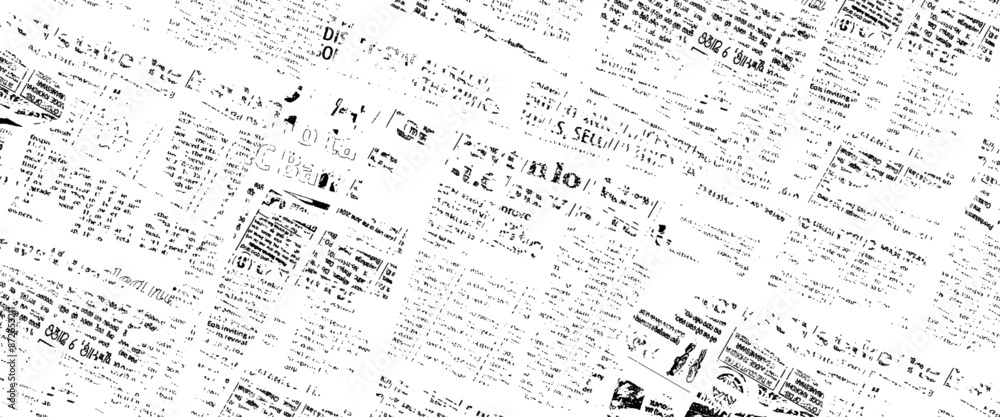 Vector white and black newspaper paper grunge vintage old aged texture with fragments of newspaper text Transparent background.
