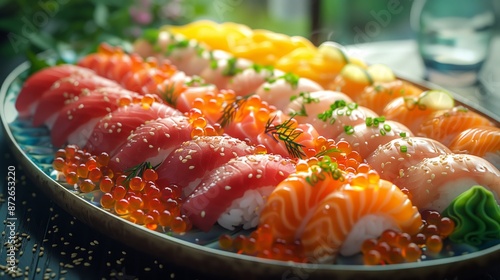 Assorted sushi platter with fresh fish. Beautifully arranged platter of assorted sushi, featuring fresh fish and garnished with herbs and sesame seeds.