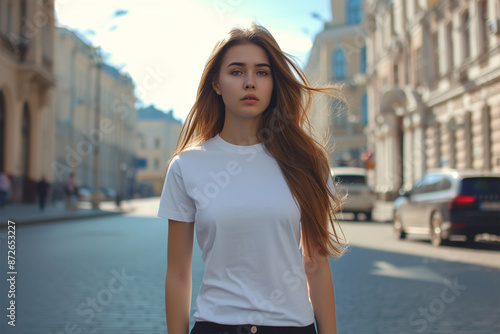 Woman white round neck blank t-shirt mockup with model