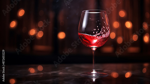 A red wine glass with droplets on the outside, set against a warm, dimly lit background