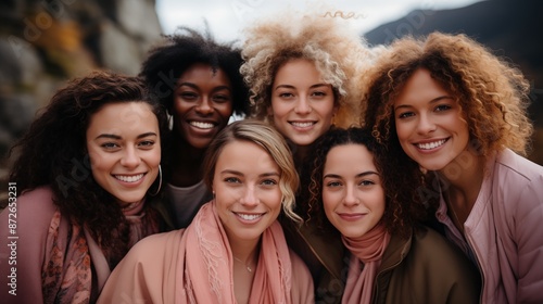Diverse group of women smiling outdoors. Group of six diverse women smiling together in an outdoor setting, showcasing friendship and unity.