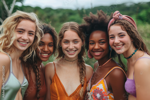 Friends smiling in vibrant summer outfits. Group of five young women smiling and enjoying each other's company in colorful summer outfits outdoors. © Old Man Stocker