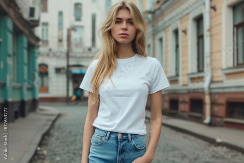 Woman white round neck blank t-shirt mockup with model