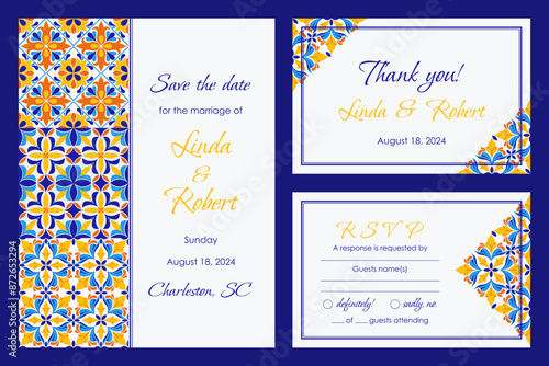 Mediterranean tiles wedding Invitation card set