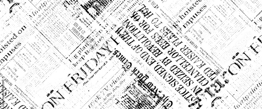 Vector white and black newspaper paper grunge vintage old aged texture with fragments of newspaper text Transparent background.