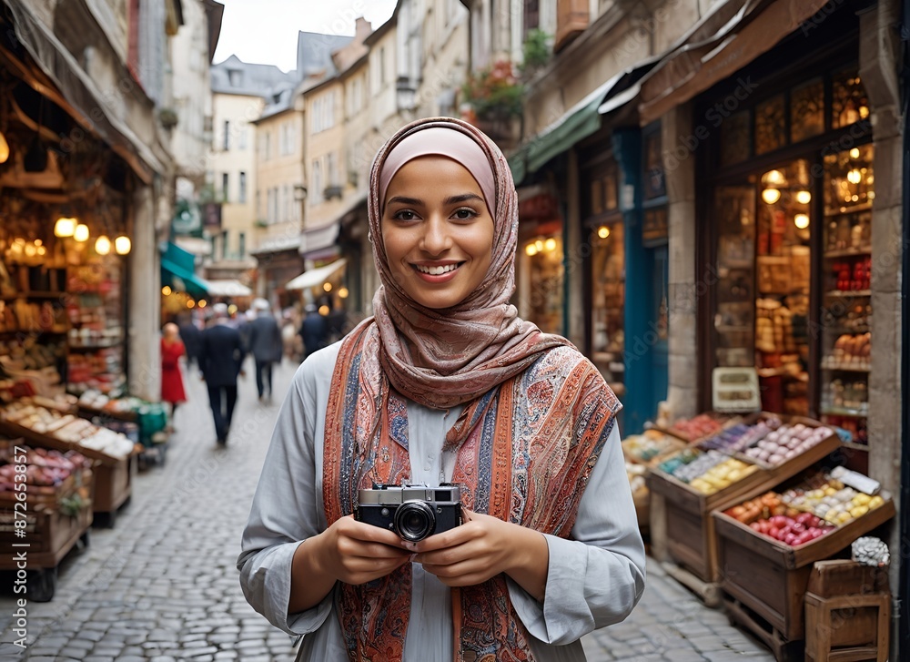 A Muslim Woman Exploring a European Market A Muslim Woman Exploring a European Market