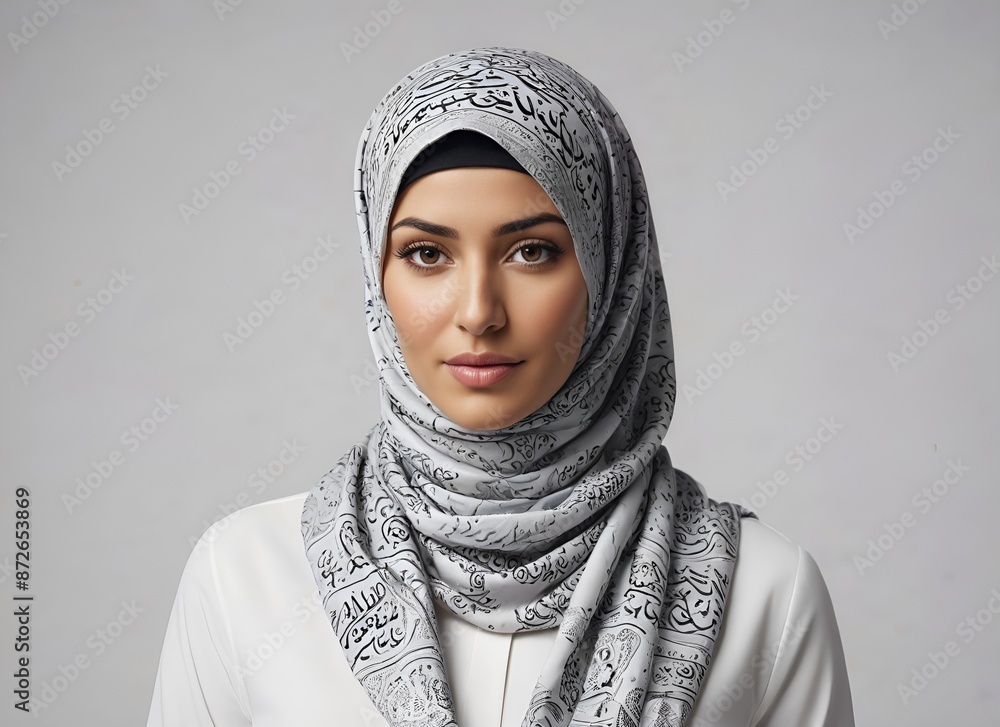 Comprehensive Title: A Model Showcasing Women's Fashion with a Stylish Hijab and Printed Scarf Comprehensive Title: A Model Showcasing Women's Fashion with a Stylish Hijab and Printed Scarf
