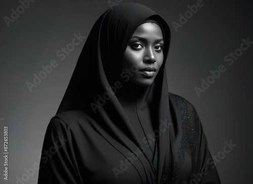 Black and White Portrait of a Woman in Islamic Attire