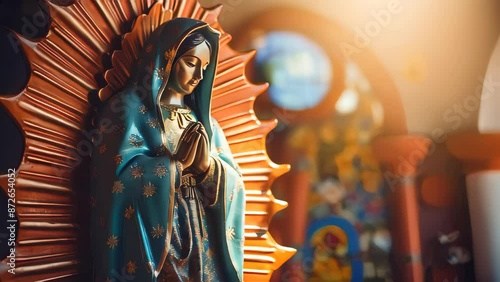 Statue of Saint Mary of Guadalupe (Virgen de Guadalupe) in honor of the celebration of the Mexican holiday of December 12