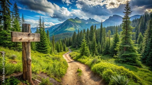 Scenic mountain trail with worn dirt path, lush green forest, and rustic wooden signpost with faded trail map directions.