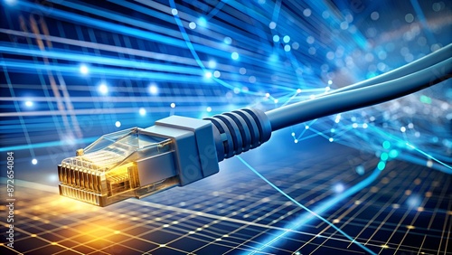 Un câble internet se connectant au réseau, symbolisant la connexion entre les appareils et la technologie dans le marketing numérique. Flux de données lumineux en arrière-plan. photo