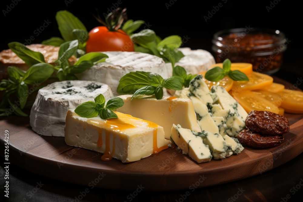 Assorted cheese slices elegantly presented on rustic wooden serving board for a delightful display Assorted cheese slices elegantly presented on rustic wooden serving board for a delightful display