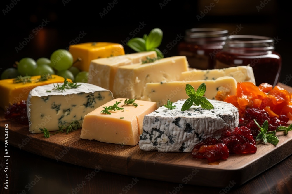 Assorted cheese slices elegantly presented on a charming rustic wooden serving board Assorted cheese slices elegantly presented on a charming rustic wooden serving board