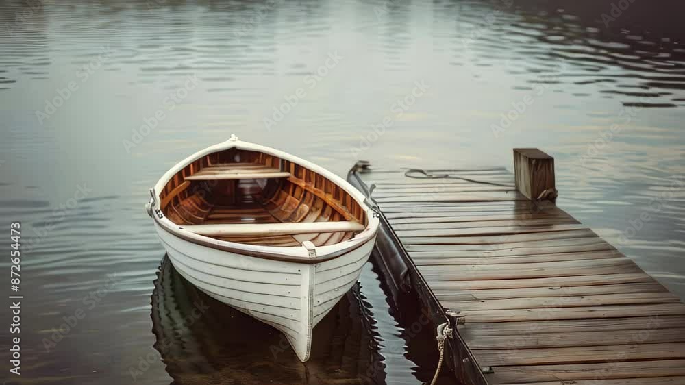 Wooden rowboat moored to serene lakeside pier Calm waters reflect gentle, overcast sky Wooden rowboat moored to serene lakeside pier Calm waters reflect gentle, overcast sky