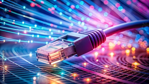 Gros plan d'un câble internet se connectant au réseau. L'arrière-plan est un flou de motifs lumineux dans les tons bleus et roses, créant une atmosphère futuriste symbolise l'impact de la technologie. photo