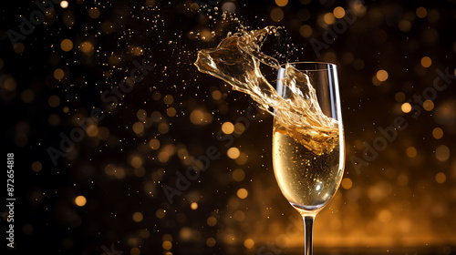 A single champagne glass with a burst of bubbles and liquid spraying out, set against a festive background