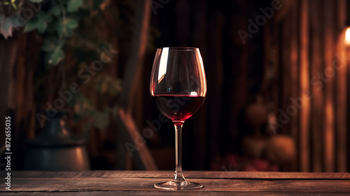 A single red wine glass filled with dark wine, placed on a rustic wooden table
