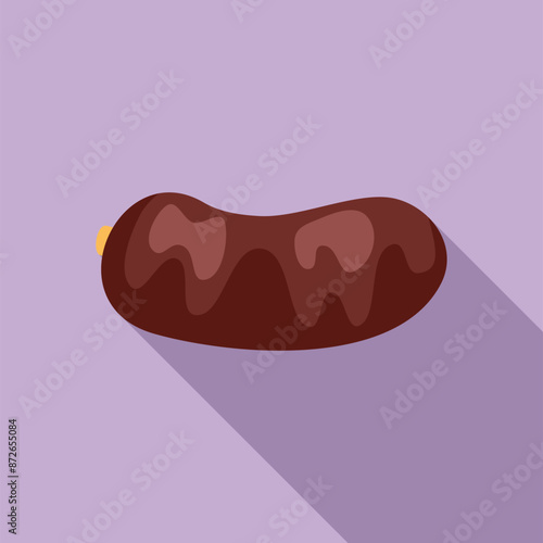 Flat design icon of grilled sausage with long shadow on purple background