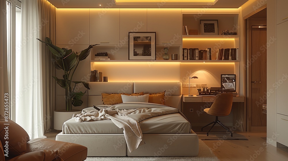 Fototapeta premium Modern bedroom with a desk and bookcase, a beige color scheme, and soft lighting that creates a serene atmosphere for study or rest. Generative AI.