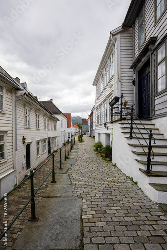 Peaceful old town alley lined with cobblestones in Bergen, Norway