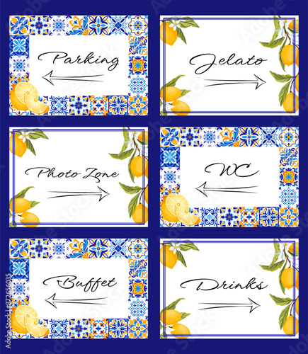 Blue tiles and lemon wedding signposts, vector 