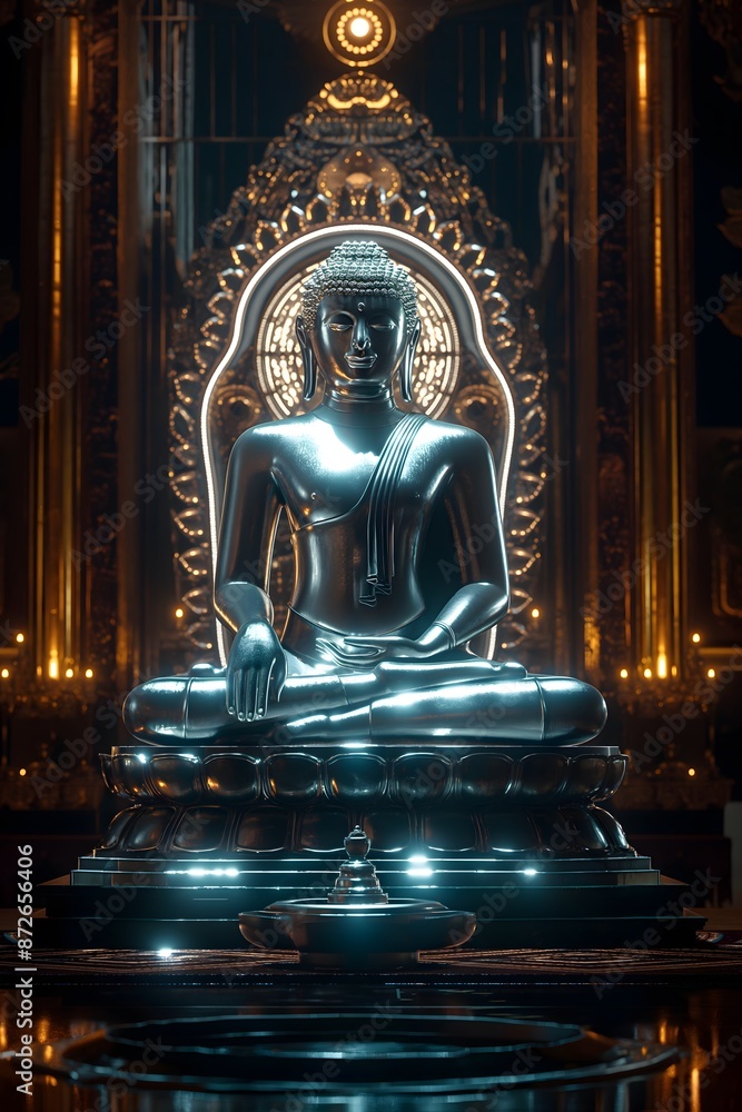 Buddhist statue of Buddha set against a black background, creating a serene and spiritual religious pattern. Buddhist statue of Buddha set against a black background, creating a serene and spiritual religious pattern.