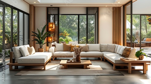 Living room modern with teak wood furniture. Generative AI. © visoot