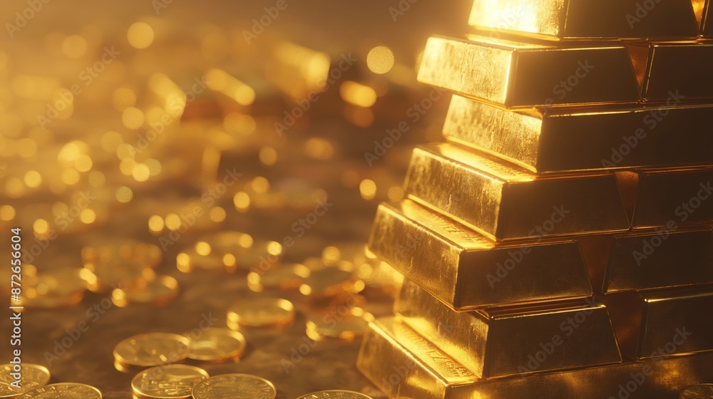 close up of golden bars and golden coins close up of golden bars and golden coins