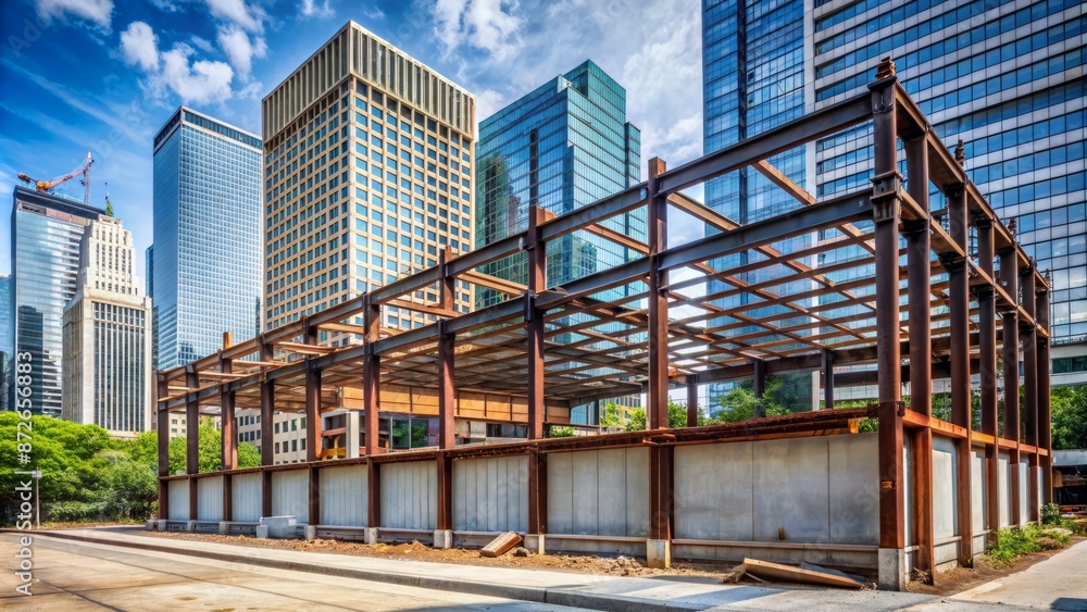 Obraz premium Urban backdrop of vacant construction hoarding surrounded by steel beams and concrete in central business district area awaits advertisement.
