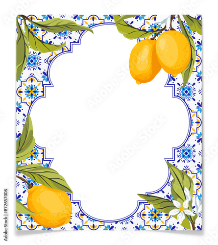 Frame with blue tiles and lemon branches, vector.
