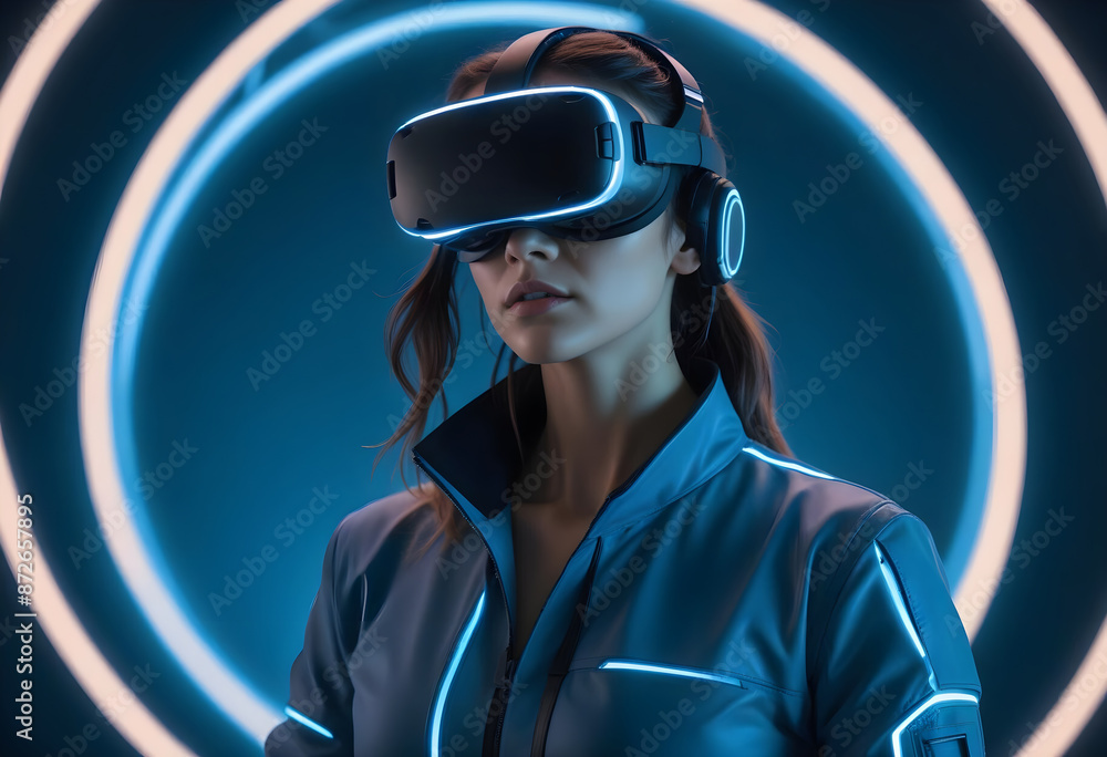 Futuristic virtual reality headset being worn by a female professionals from various industries, exploring new applications of immersive technology for training, design, and collaboration Futuristic virtual reality headset being worn by a female professionals from various industries, exploring new applications of immersive technology for training, design, and collaboration