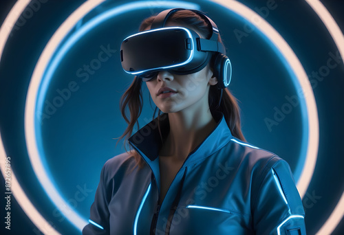 Futuristic virtual reality headset being worn by a female professionals from various industries, exploring new applications of immersive technology for training, design, and collaboration