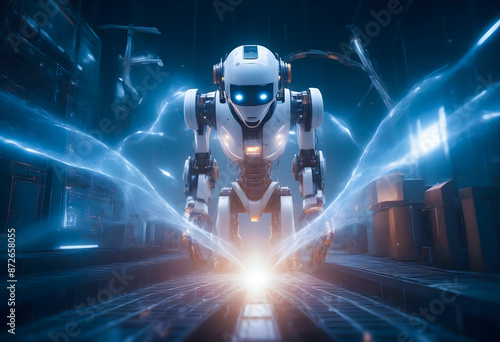 Depict cutting-edge technology in use, such as AI, VR, robotics, or renewable energy sources.