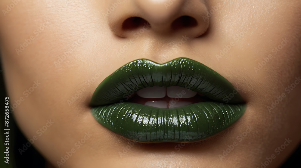 Fototapeta premium Extreme Close-Up of Woman's Green Lips, Vegan green lipstick or vegan makeup concept