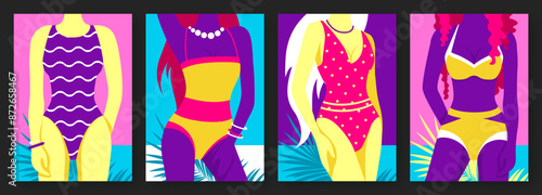 Set of flat retro summer posters with women figures in a swimsuit on beach background. Vector illustration