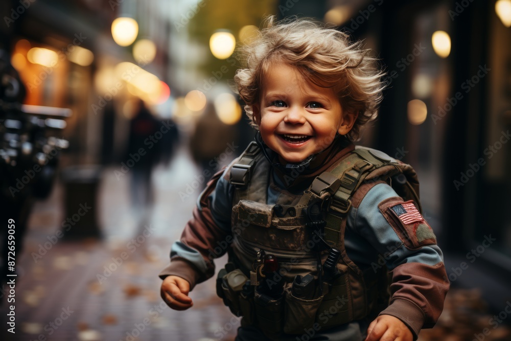 Military personnel firing weapons in urban setting as small child runs away in fear Military personnel firing weapons in urban setting as small child runs away in fear
