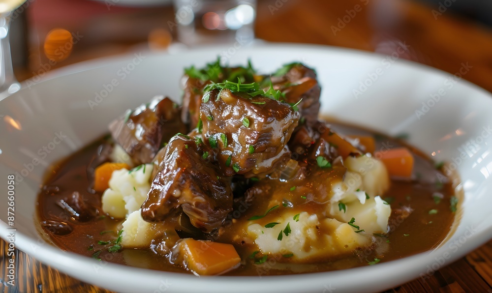 Delicious beef stew served in a white bowl with mashed potatoes, Generative AI Delicious beef stew served in a white bowl with mashed potatoes, Generative AI